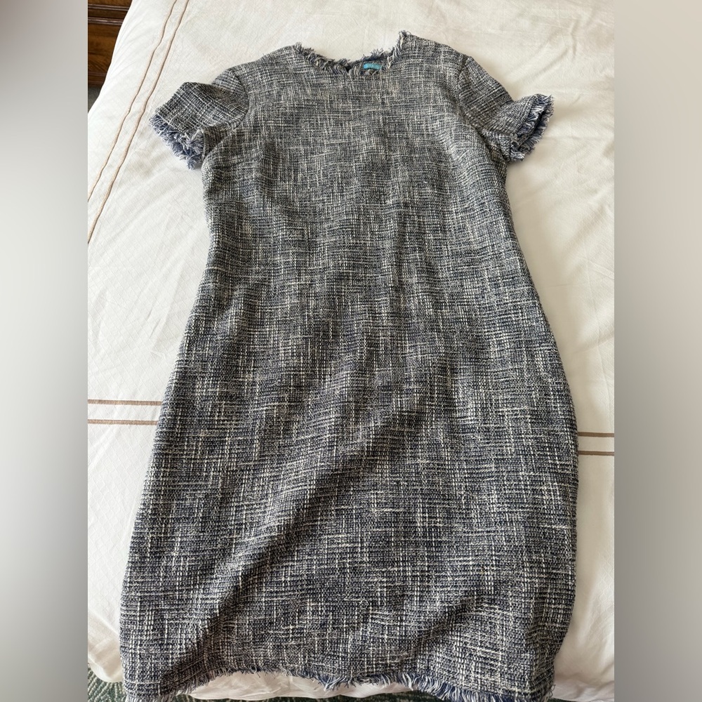 J MCLAUGHIN • Women’s Navy Tweed Short Sleeve Sheath Clarence Fringe Dress Sz 12